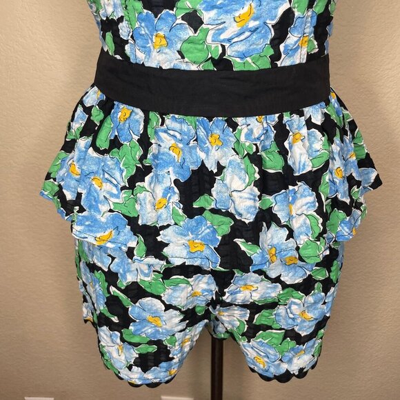 Unique Vintage Blue Cotton Floral Smocked Scalloped High Waisted Short Set Sz M - Picture 3 of 15